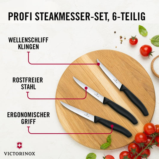Swiss Classic 6-Piece Steak Knife Set - Serrated Edge, Black | Wavy 4.3 in stainless steel blades with ergonomic polypropylene handles for slicing sirloin, rump, and ribeye cuts