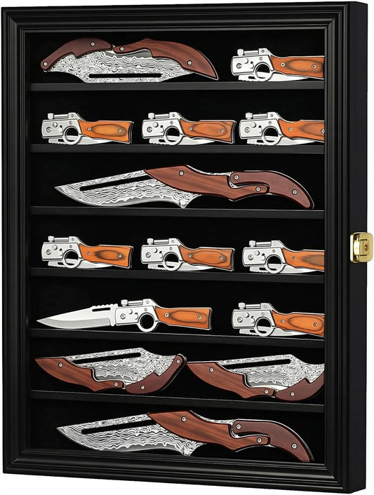 DisplayGifts Pocket Knife Display Case Stand Military Folding Knives Display Frame Shadow Box for Hunting Knives Collectibles with 98% UV Protection Lockable (Black Finish)