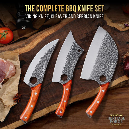 3 Piece BBQ Knife Set Serbian Chef Knife Meat Cleaver Viking Kitchen Knives | Outdoor Cooking • Barbeque • Meal Prep • Camping • Butchering • Lanyard Holes Hammered Pattern Forged Steel Real Wood Handles