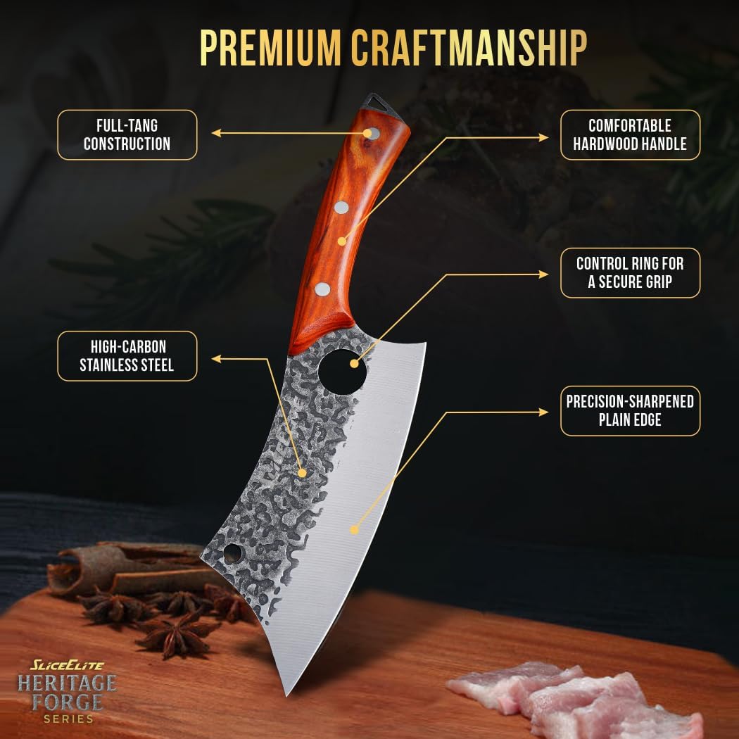 3 Piece BBQ Knife Set Serbian Chef Knife Meat Cleaver Viking Kitchen Knives | Outdoor Cooking • Barbeque • Meal Prep • Camping • Butchering • Lanyard Holes Hammered Pattern Forged Steel Real Wood Handles
