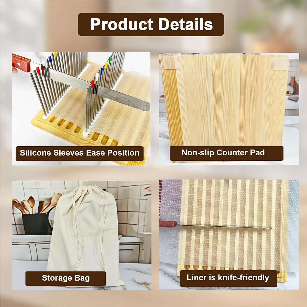 Stainless Steel Bread Slicer, Wooden Crumb Tray, 20 Protective Liners | 2 Thickness Cutting Guide, 7in Adjustable Width, 1 Bread Stopper, for Homemade Bread, Sourdough