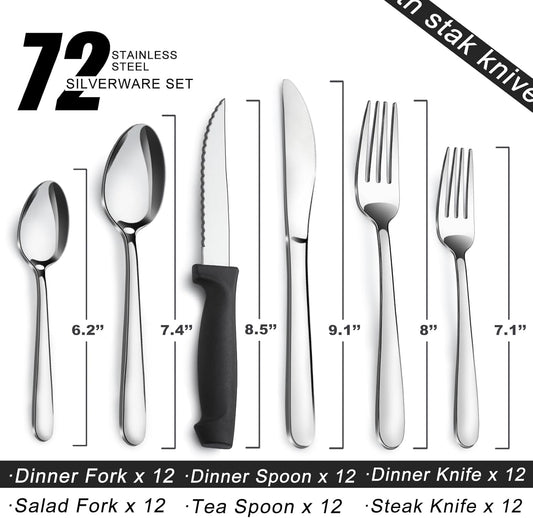 72-Pieces Silverware Set for 12, Flatware Set with Steak Knives, Stainless Steel Cutlery Set, Include Forks Spoons and Knives Set, Dishwasher Safe Utensil Sets for Home Restaurant