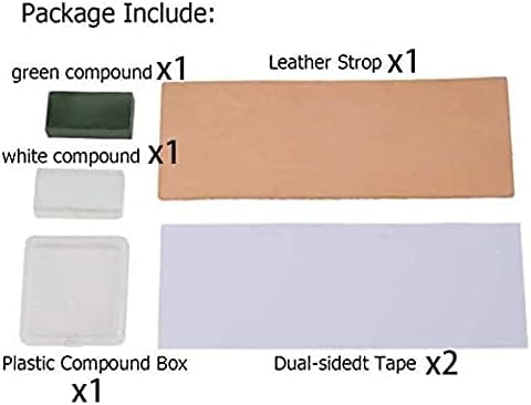 Double side 8" x 3" Leather Strop with Dual-sidedt Tape, Green & White Polishing Compound Kit for Honing & Sharpening Knives, Kitchen & Chef Knives, Straight razor, Wood Carving Chisels