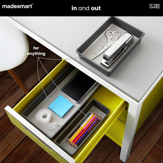 3 Bin Drawer Organizer Set, Multi Purpose Storage for Utensils, Office & Bathroom, Organizer for Cutlery, Peeling Tools, Spatulas, Soft Grip Lining & Non Slip Feet, Granite