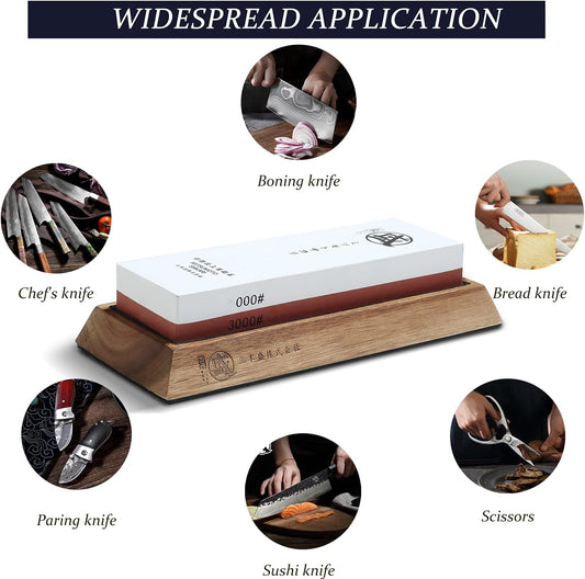 Professional Japanese 1000/3000 Grit Sharpening Stone | Sharpening and Honing, White Corundum Whetstone, Controlled Water Absorption, Bamboo Base, Kraft Box