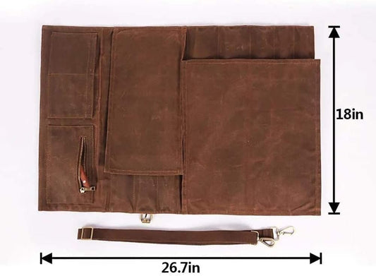Chef Knife Roll Bag,Waxed Canvas Knife Bags with 10 Slots and 1 Zipper Pocket,Chef Bag for Chefs Professional Knife Roll Pouch with Shoulder Strap (Brown)