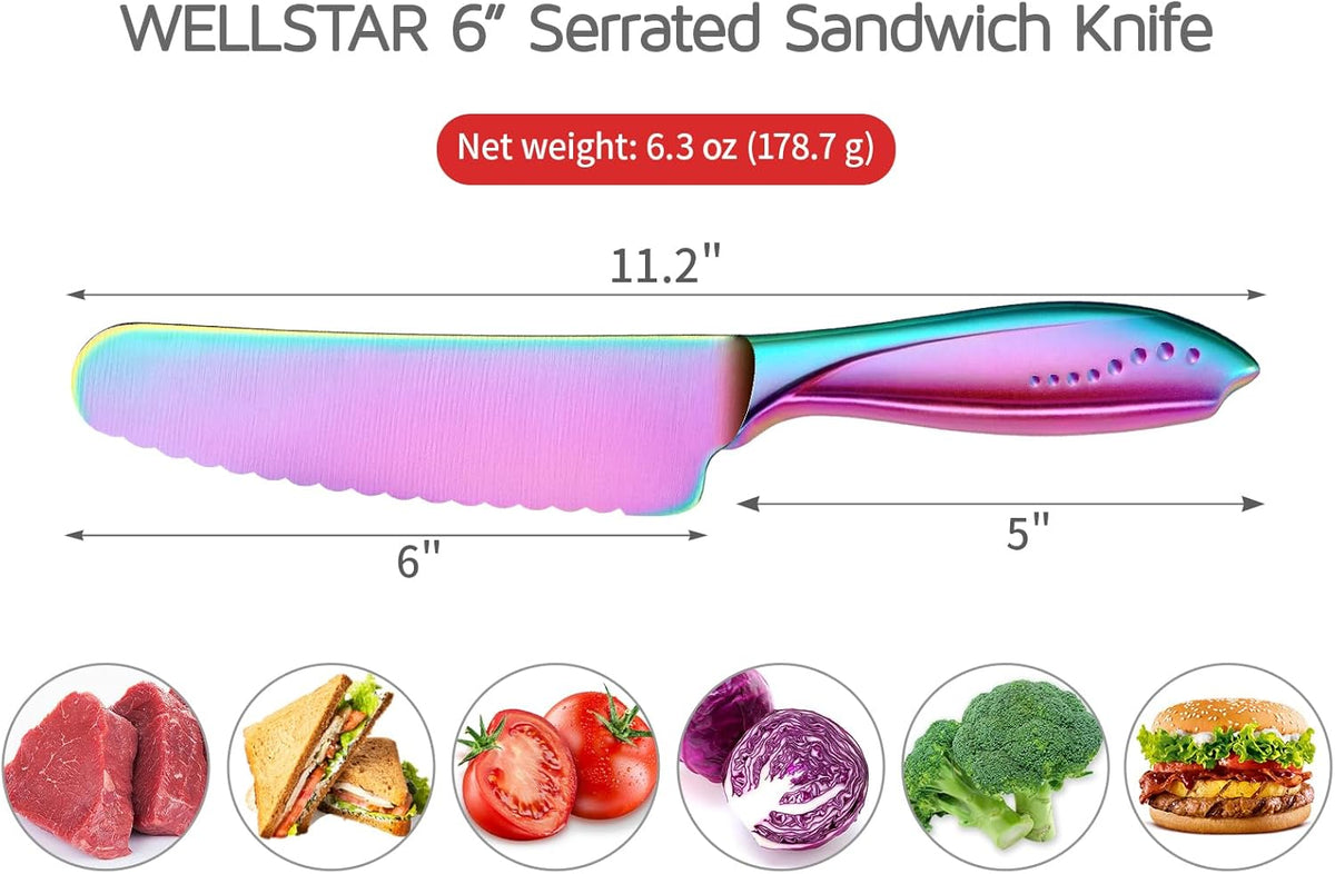 Sandwich Knife, 6 inch Serrated Utility Knife High Carbon Stainless Steel Blade for Bread Vegetable Meat Cutting, Butter Spreader Knife - Rainbow