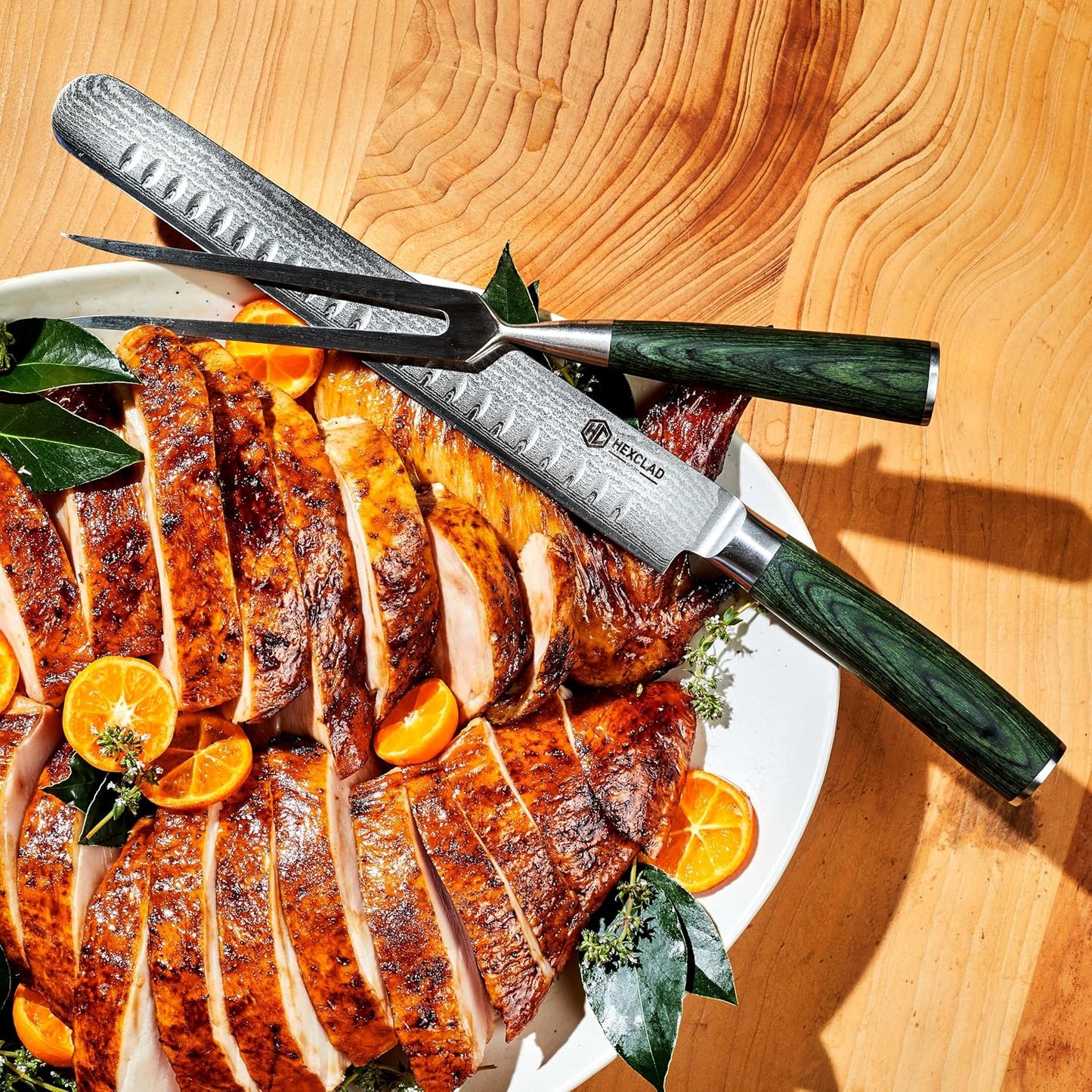 Japanese Damascus Steel Blade Carving Knife and 2-Pronged Fork Set | Pakkawood Handles, 10-Inch, Japanese Damascus Steel Blade Knife with Full Tang Construction and 2-Pronged Fork
