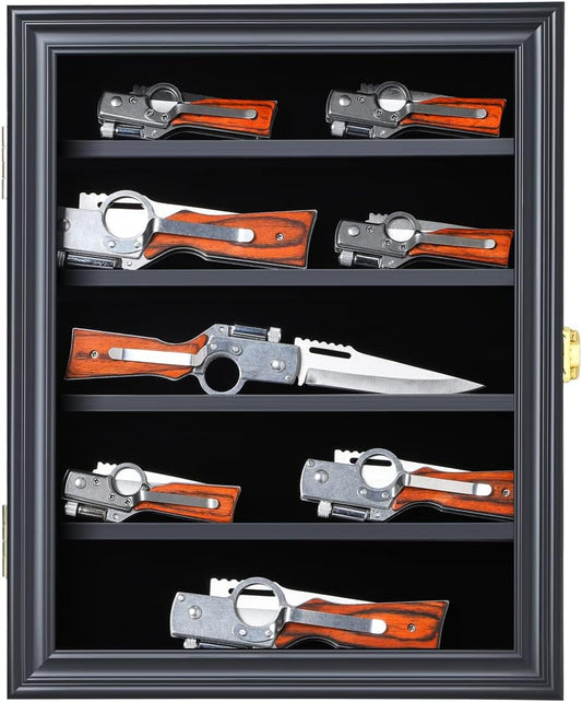 Knife Display Case Pocket Knife Shadow Box Lockable Small Black | Pocket Knife Stand for Collections, Military Folding Knife, Uv Protection Acrylic, Lockable