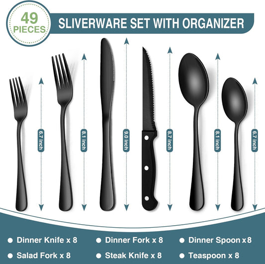 Black Silverware Set, 49-Piece Flatware Set with Drawer Organizer, Durable Stainless Steel Cutlery Set for 8, Tableware Eating Utensils with Steak Knives for Home Restaurant