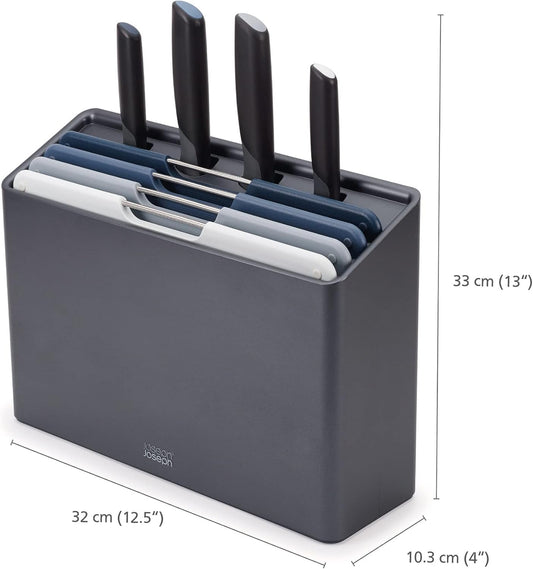 Folio Icon 8-Piece Colour coded Cutting Board Set with Japanese Stainless Steel Knives, Slimline case for organized storage, Graphite