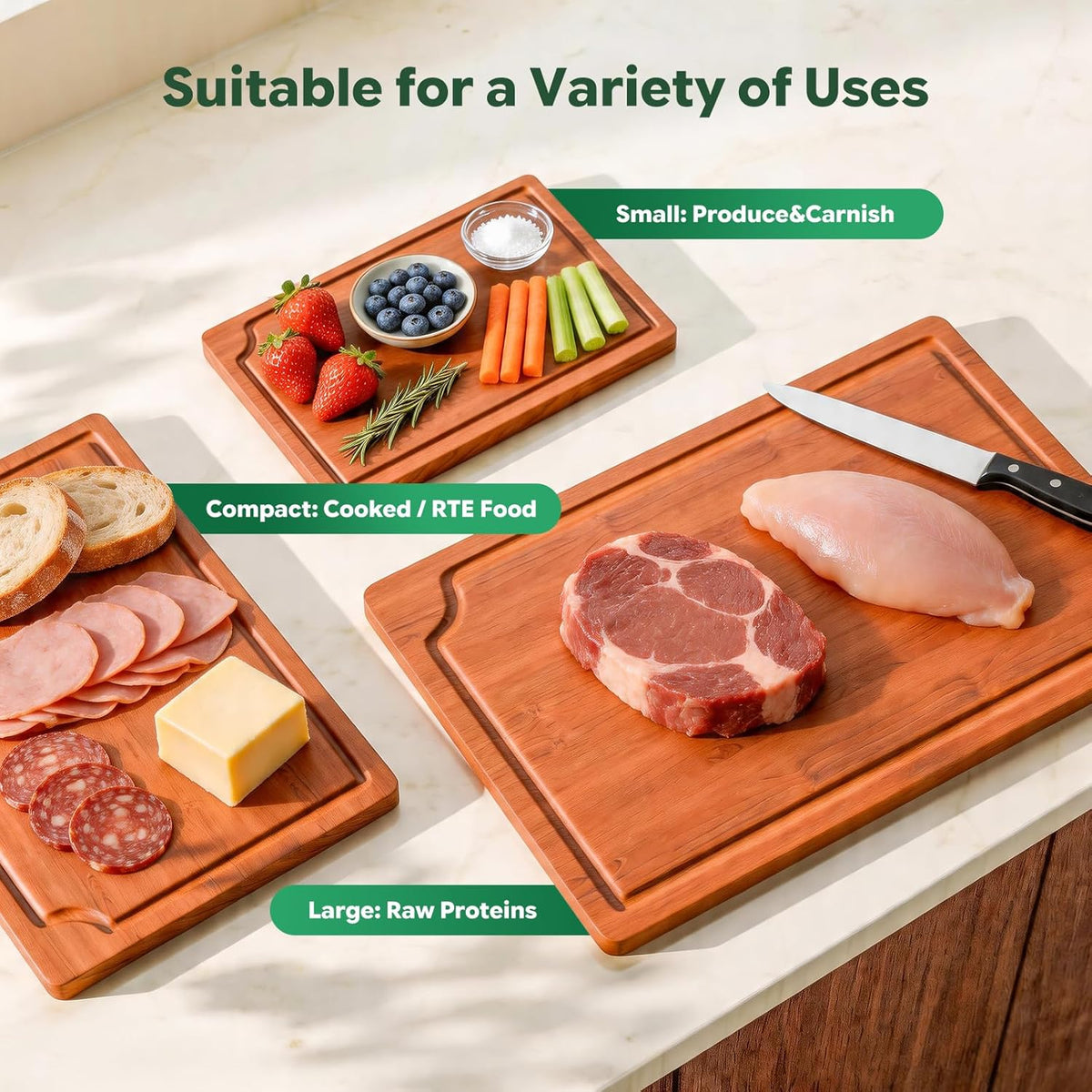 Bamboo Cutting Boards for Kitchen, Durable Chopping Boards with Deep Juice Grooves, Set of 3 Butcher Block for Meat, Vegetables and Fruits