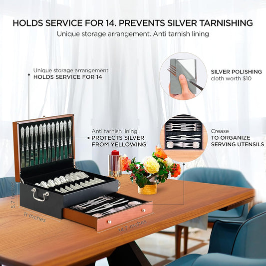 Silverware Storage Box Silverware Chest Case for Silver Flatware with Lid | Serves 14 With Tarnish Proof Dual Tone Outer Finish Felt Lining Inside and Drawer Includes Silver Polishing Cloth