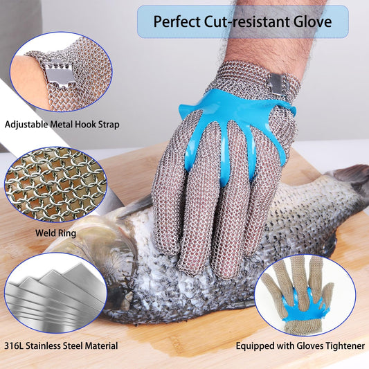 316L Stainless Steel Mesh Glove Cut Resistant Chainmail Glove for Butcher M | 316L SS food grade chainmail — welded-ring cut protection for butchering, oyster shucking, filleting and mandoline work.