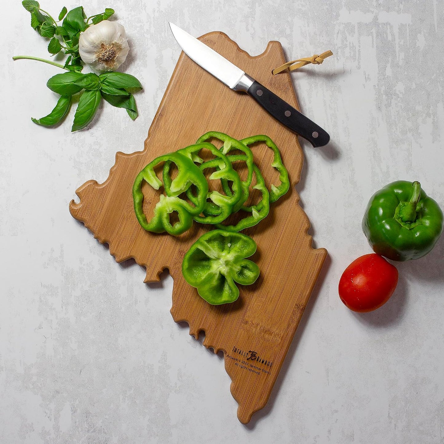 North Carolina State Shaped Cutting Board, Summer Stokes Art | State charcuterie board with colorful hand-drawn landscape art. Smooth reverse side for food prep. Hang tie for wall display. - Colors A