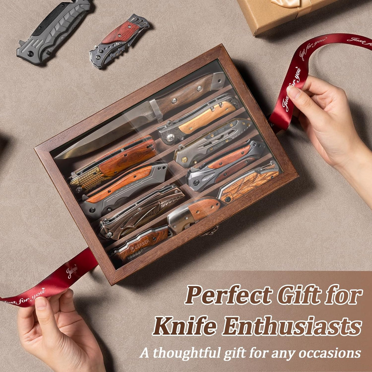 Wooden Knife Display Case, Pocket Knife Organizer for Men's Collection & EDC Gear (Walnut, 1 Pack)