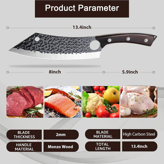 Kitchen Knife 8 Inch Ultra Sharp Japanese Butcher Knife | Hand Forged Blade, Ergonomic Wooden Handle, Gift Box, Finger Hole, for Meat Cleaver Vegetable Cutting
