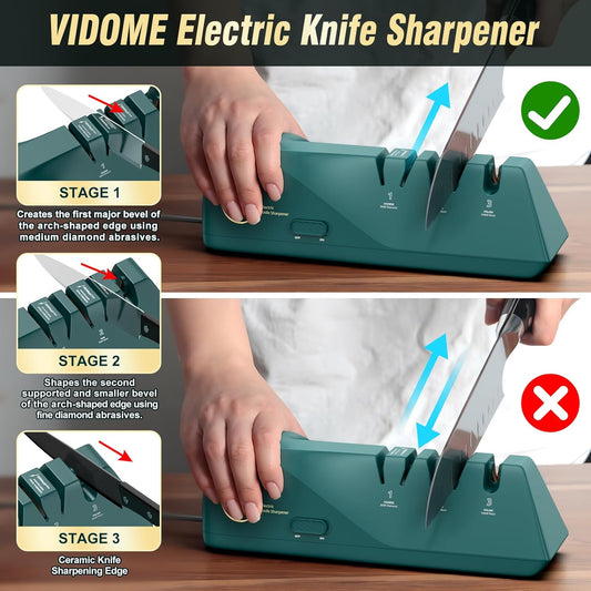 Knife Sharpener, Electric, Diamond Abrasives | Stainless Steel and Ceramic Knives, Dust Collection Box, Quick Sharpening, Polishing