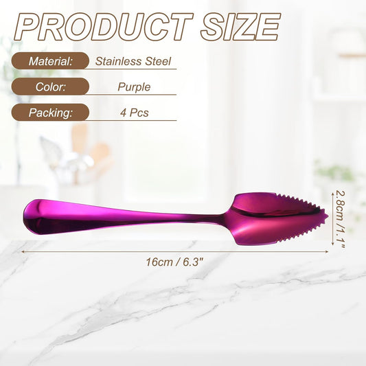 4Pcs Grapefruit Spoons, Stainless Steel Fruit Utensils Spoon with Serrated Edge Thick Gauge Handle Grapefruit Knife Tool Mirror Finish for Citrus Melon Dessert, Purple