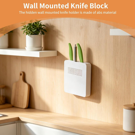 Wall Mounted Knife Block, Hidden Kitchen Knife Holder with 4 Slots White Universal Display Organizer Rack for Home Kitchen Space Saver