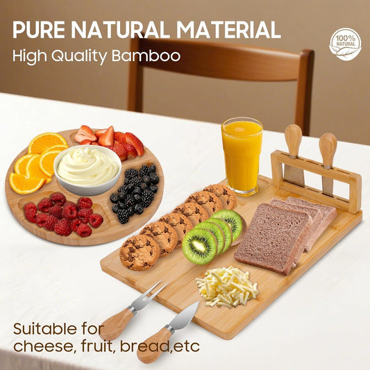 Bamboo Charcuterie Board Set - Cheese Serving Platter with 4 Stainless Steel Knives and Fruit Tray - Elegant Cheese Board for Parties, Weddings, and Home Entertaining