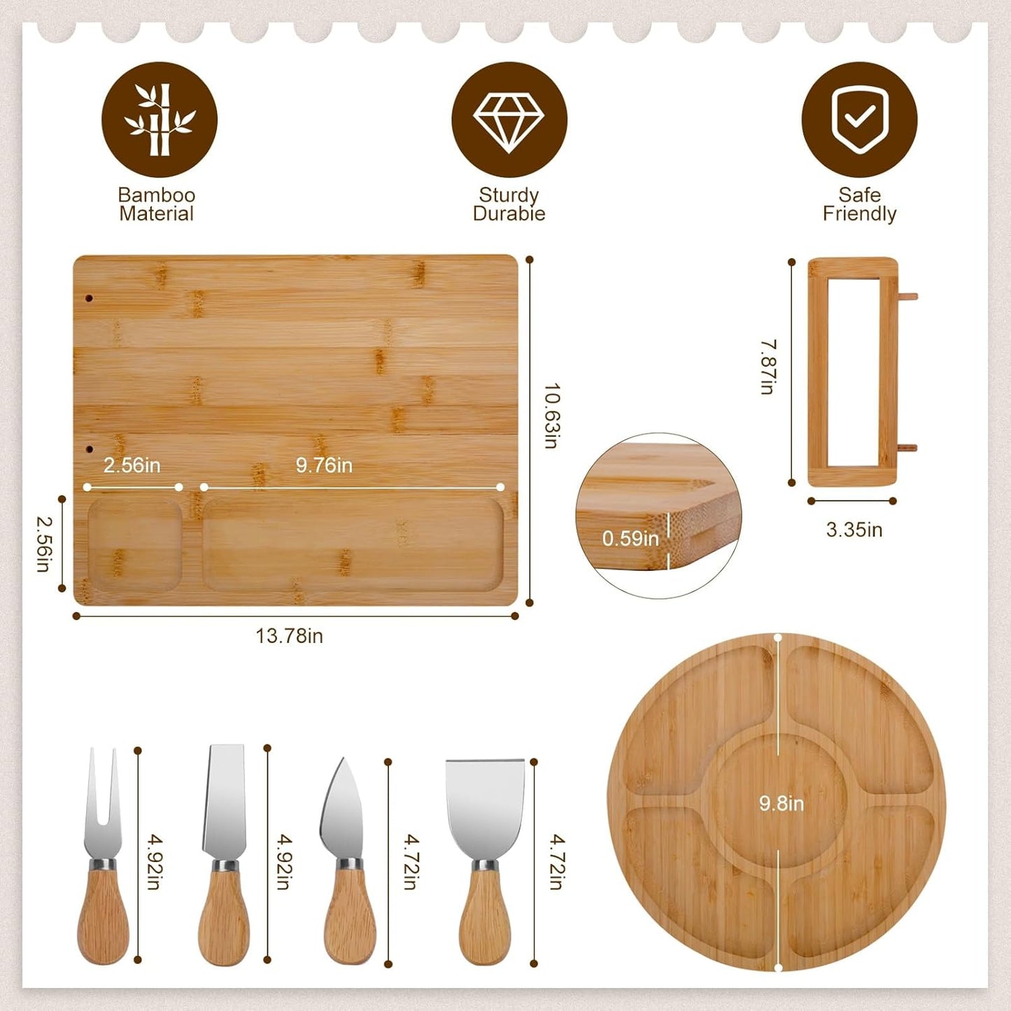 Bamboo Charcuterie Board Set - Cheese Serving Platter with 4 Stainless Steel Knives and Fruit Tray - Elegant Cheese Board for Parties, Weddings, and Home Entertaining