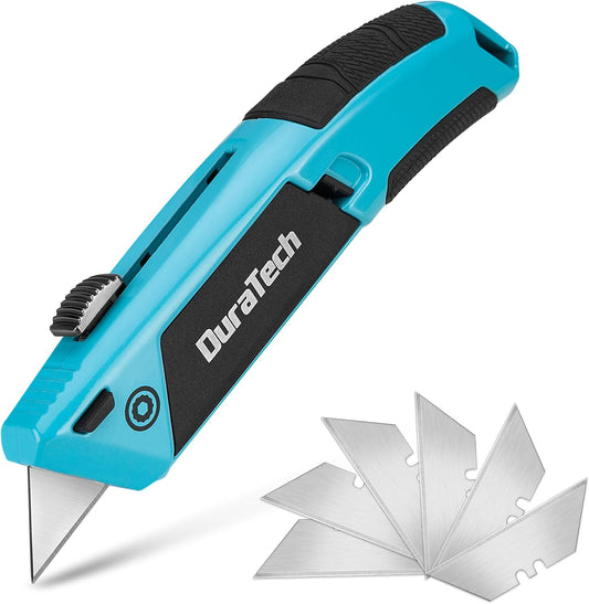 Auto-Loading Utility Knife, Retractable Box Cutter with Blades | 6 Preloaded SK5 Blades, Heavy Duty, Quick Change System, Comfortable Grip, Cardboard, Carpet, Rope Cutting, DIY, Workshop Use