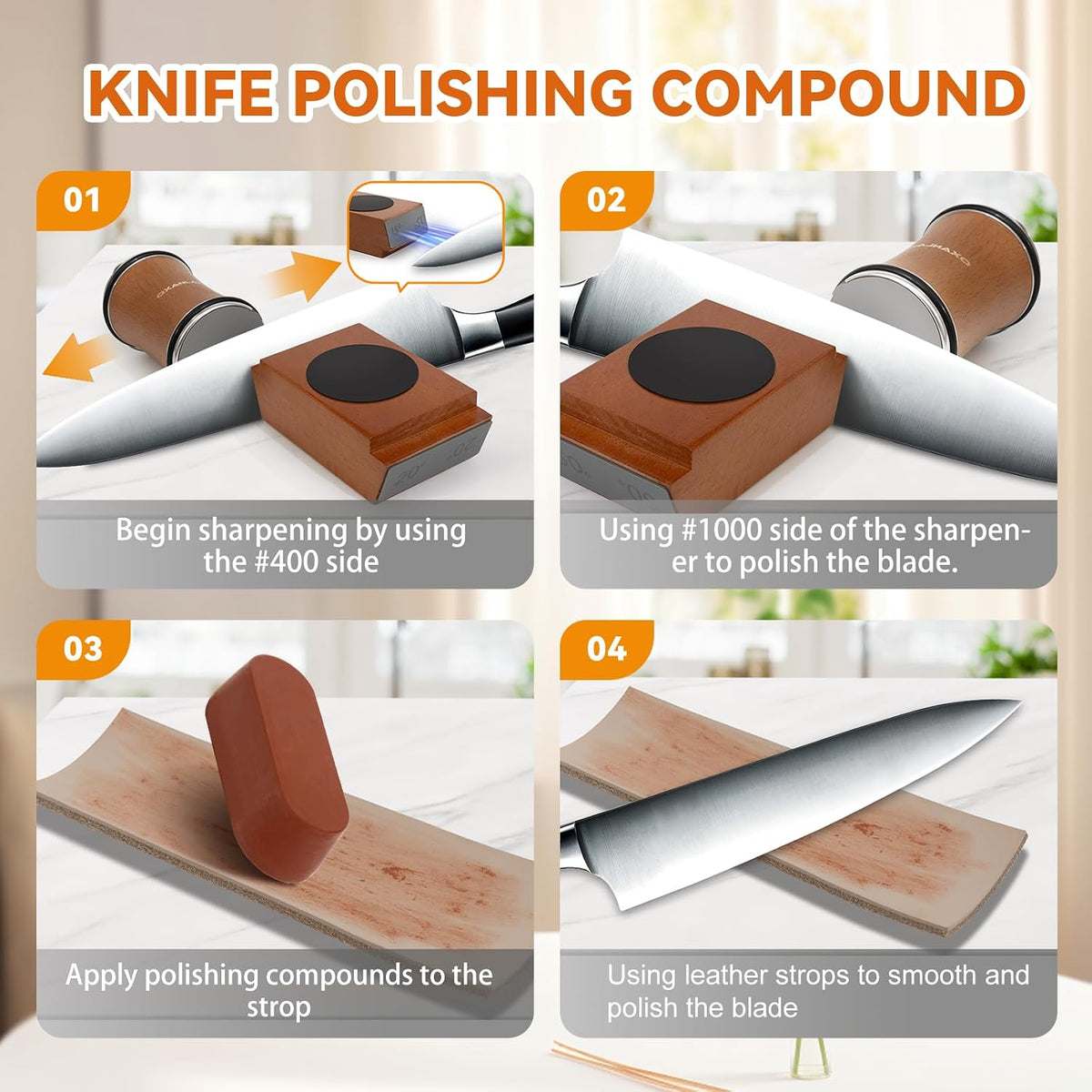 Knife Sharpener Roller Kit with 15 & 20 Degree Upgraded Magnetic Wood Base, Diamond Discs, Leather Strop and Polishing Compound