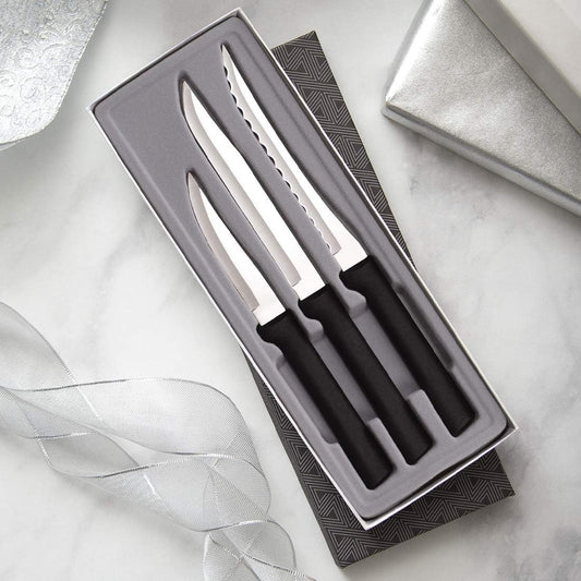 Cooking Essentials Gift Set (G249) + Sharpener, Black Handle | 3-Piece Knife Set with Quick Edge Sharpener (R119), Stainless Steel Blades, Black Resin Handle