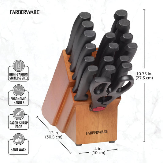 Knife Block Set, 18-Piece Kitchen Knife Set with Natural Finish Block, Never-Needs-Sharpening High Carbon Stainless Steel Blades and Non-Slip Handles