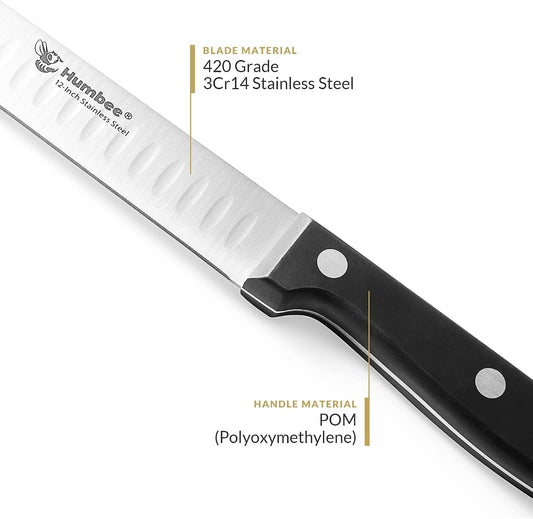 12 Inch Carving Knife with Razor Sharp Granton Edge for Brisket BBQ Meat and Turkey Cutting – Stainless Steel Blade with Ergonomic POM Handle – Long Slicing Knife for Kitchen and Grill