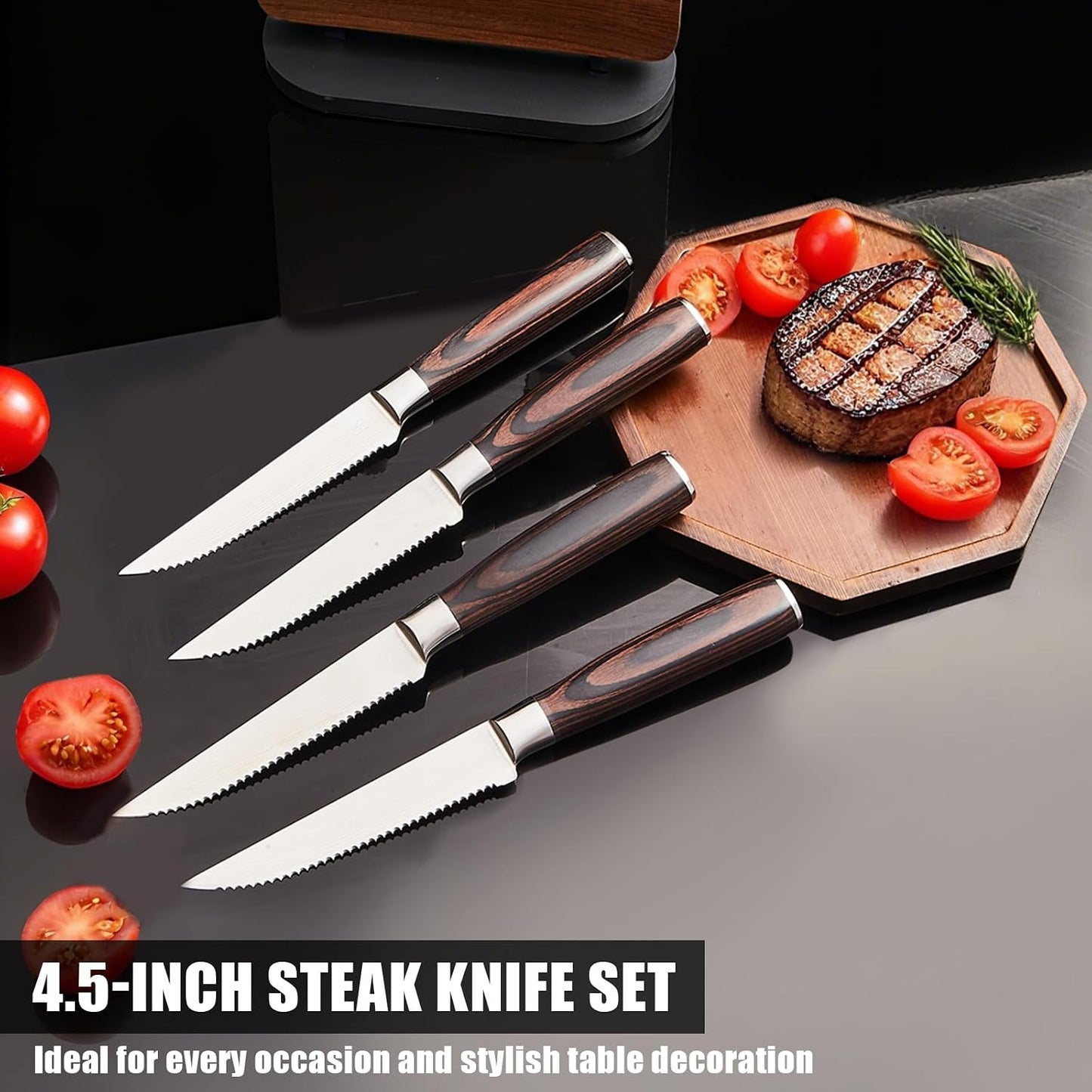 Steak Knives Set of 4, 4.5 Inch Serrated Razor-Sharp Durable Steak Knife, Japanese Stainless Steel Steak Knives Set with Ergonomic Wood Handle and Gift Box