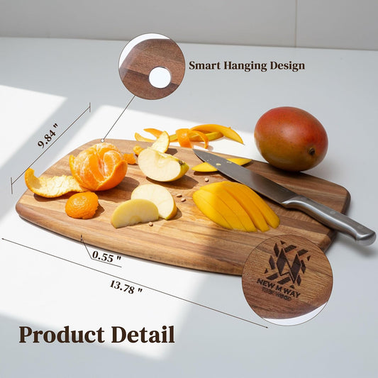 Acacia Wood Cutting Board 14 x 10 Inch Oval, 0.6" Thin Edge Grain, Handle & Hanging Hole, for Fruit, Cheese, Bread, Kitchen Prep, Non-Toxic BPA/Plastic Free, Solid Hardwood by New M Way