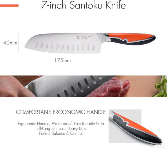 4-Piece Labeled Bamboo Cutting Board Set with Stainless Steel Santoku Knife, Kitchen Prep Bundle for Meat, Vegetables & Fruits