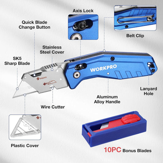 Premium Axis Lock Utility Knife Folding, Heavy Duty Metal Box Cutter with Quick Open Lock, Quick Change Blade Razor Knife, Foldable Pocket Knife with Belt Clip