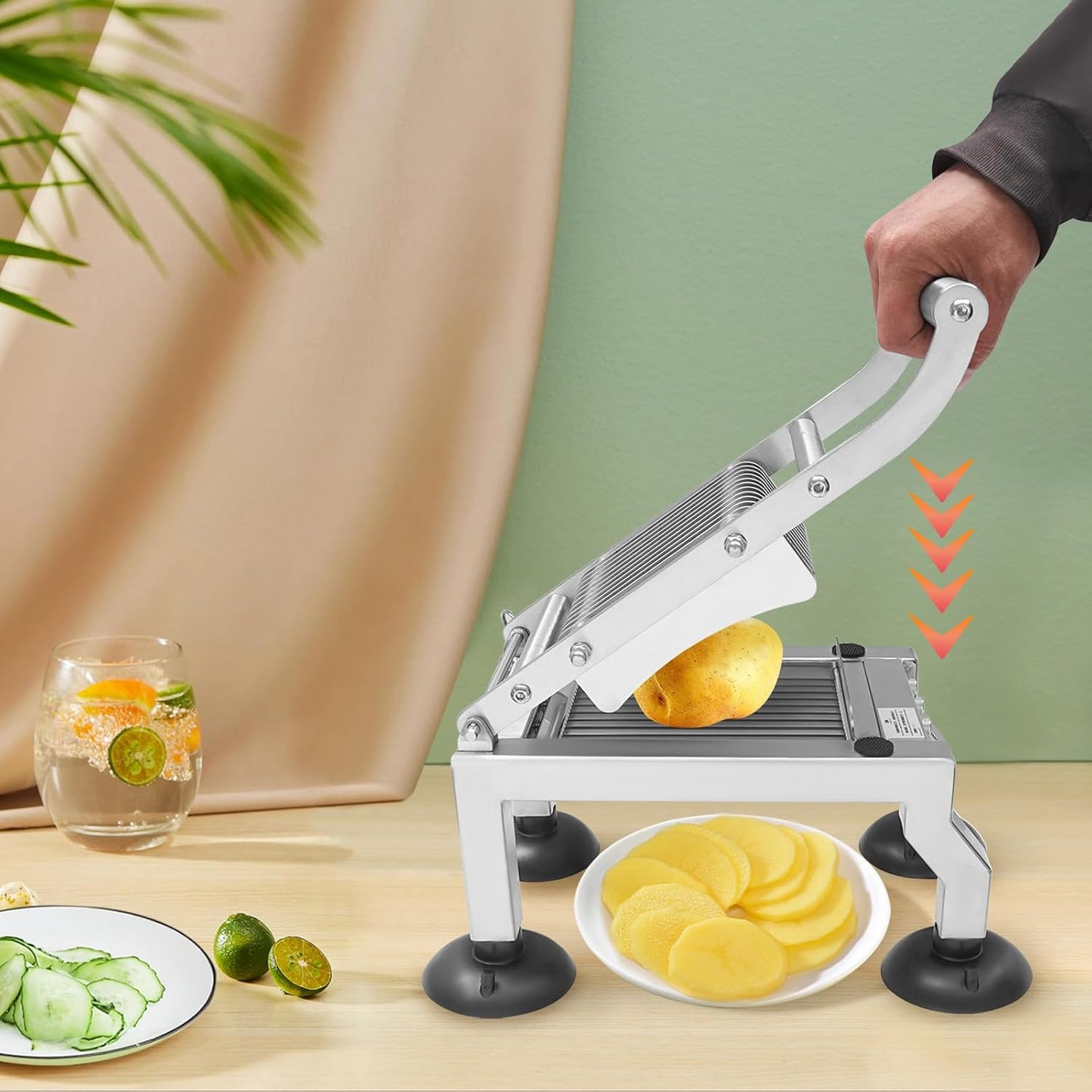 Commercial Vegetable Slicer, 10mm Stainless Steel Slicer Tool Fixed Thickness Manual Food Cutter Tomato Cucumber Onion Ham Egg Grater Slicers with 4 Suction Cups for Restaurant Home Use