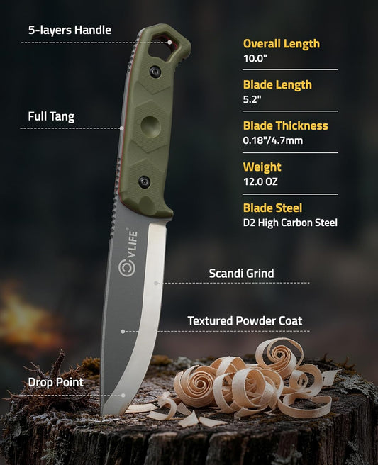 Fixed Blade Knife with Sheath, 5.2" D2 Steel Full Tang Survival Bushcraft Knife, Scandi Grind, 5-Layer Handle with G10 Liners, Heavy Duty Hunting Camping Knives for Men, Green