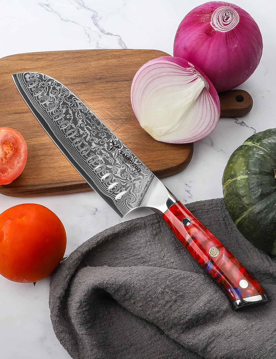 Santoku Knife - 7 inch - Xuan Series - VG10 Damascus Steel Kitchen Knife - Resin Handle (Fantasy Orange)