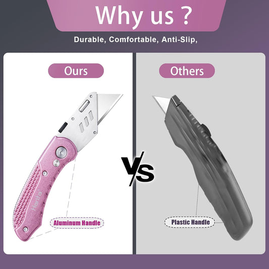 Box Cutter Retractable, Folding Utility Knife with Aluminum Handle, Heavy Duty Knife, Back-lock Mechanism, Stainless Belt Clip, for Carpet, Carton, Box, Cardboard, with 5-piece Extra Blades (Pink)
