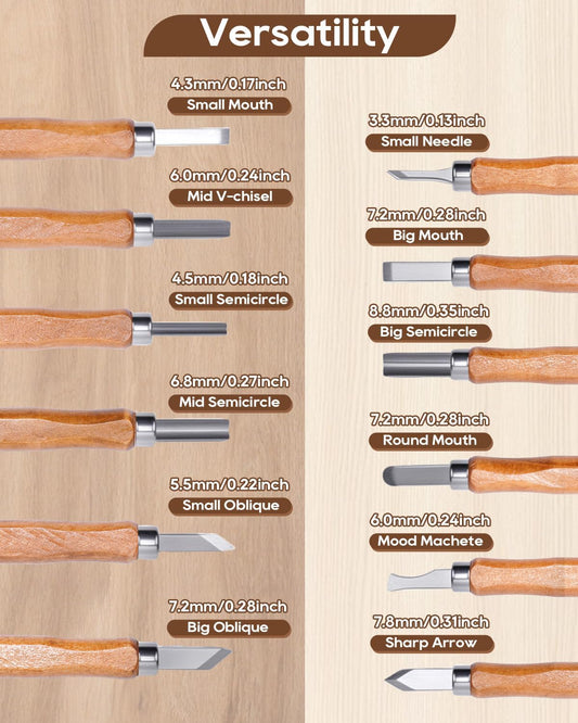 12 Pack Linocut Wood Carving Tools Set Linoleum Hand Wood Carving Kit Whittling Knives V-Chisel Angled Gouge Half Round Woodcarving Tools Set Whittling Kit for Linocut Printmaking Supplies Gift