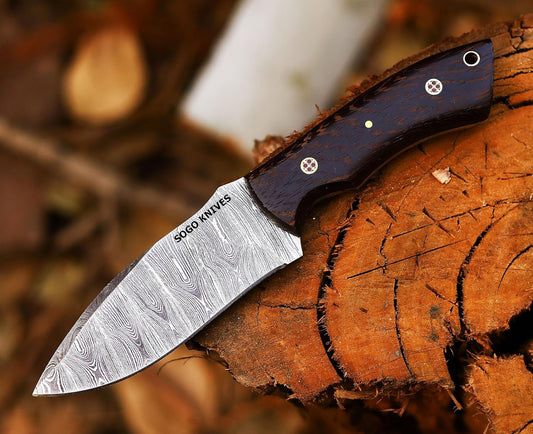 Fixed Blade Damascus Steel Hunting Knife with Leather Sheath, 9'' Full Tang Hunting Skinning,Non-Slip Wooden Handle,Camping Knife (VENGI)