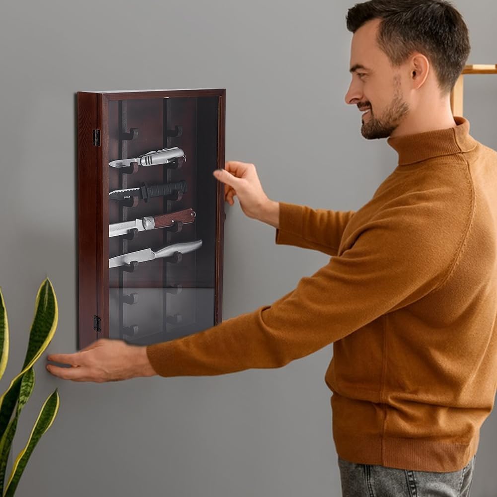 Wood Knife Display Case with Lockable Clear Acrylic Door Coconut Brown Military Folding Knife Stand Military Folding Knife Shadow Box for Wall Mounted Desk Display 10.35"x17.04"x2.55"