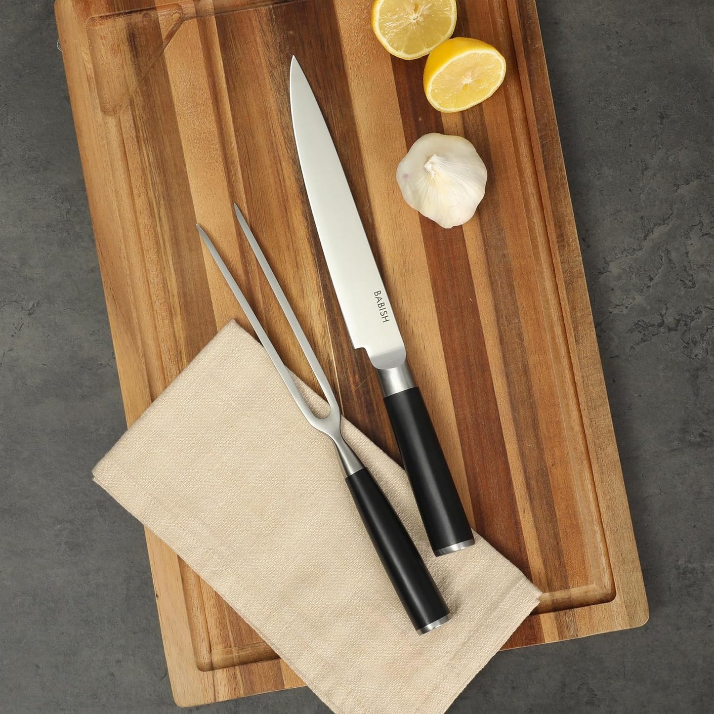 2-Piece Carving Knife and Fork Set – 8-Inch Stainless Steel Carving Knife with 6.5-Inch Fork – Precision Cutlery for Turkey, Roast, and Meat Carving – Ergonomic ABS Handles