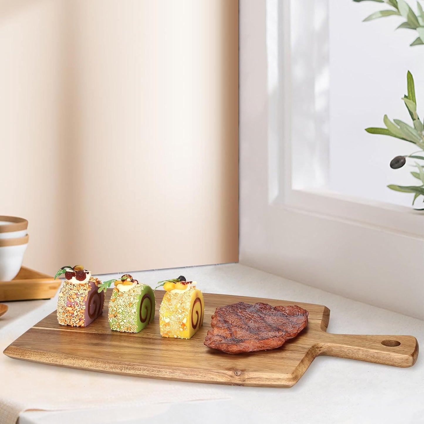 Acacia Wood Cutting Board with Handle Small Charcuterie Boards Wooden Chopping Board Decorative Mini Cutting Boards for Kitchen Meat Teak Bread Cheese Board Platter Butcher Block Food Serving Tray