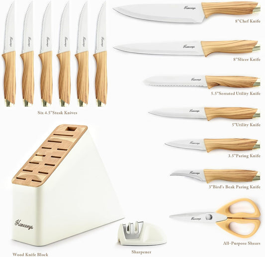 Knife Set, 15 PCS Kitchen Knife Set with Block and Sharpener | German Stainless Steel Gold Chef Knives Set with Ergonomic Wood Grain Handle, Ultra Sharp Cooking Knives Utensils Set