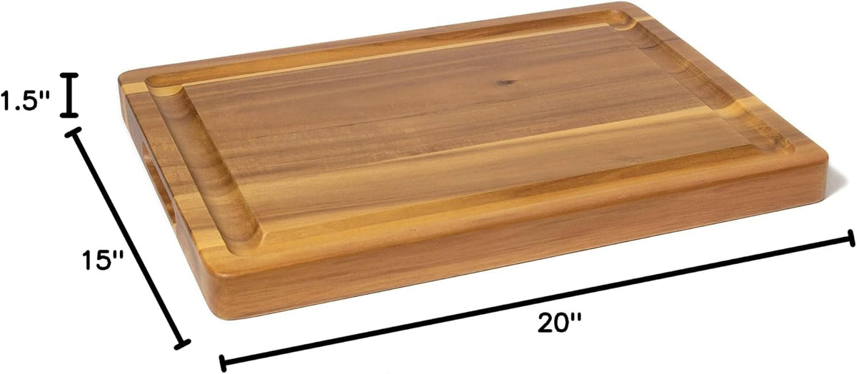 1250 Acacia 1 1/2" Thick Carving Board with Deep Well and Inset Handles for Cutting or Serving Meat, 20" x 15" x 1 1/2"