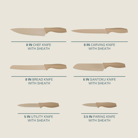 Gibson Home Bostonville 12 Piece Kitchen Knives Set W/Blade Guards/Sheaths, Chef Knife Sets With Nonstick Blades - Taupe
