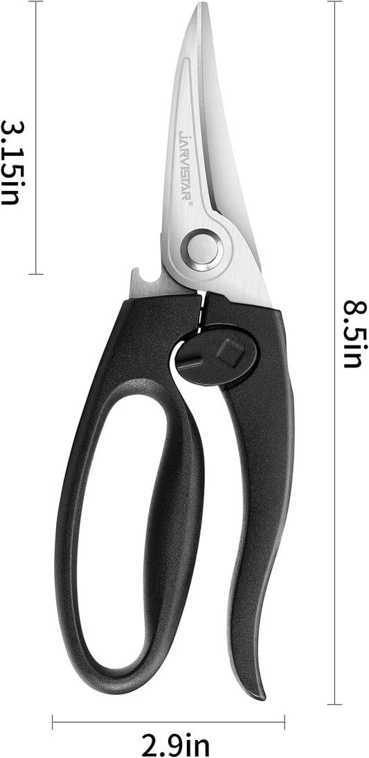 8.5" Poultry Shears, Spring Loaded Kitchen Scissors, Black | Heavy Duty Stainless Steel Blades, Safety Lock, Chicken and Meat Cutting