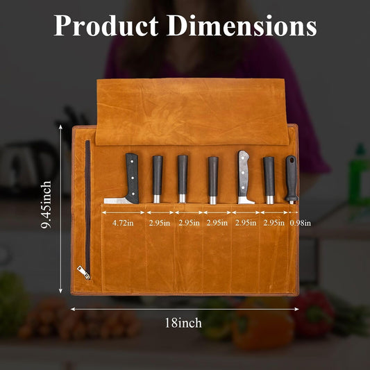 Leather Chef Knife Roll Bag, Knife Bags for Chefs Professional, Large Zippered Pouch & 7-Slot Professional Knife Roll, Chef Knives Storage Bag for Kitchen Tools Culinary Accessories (brown)