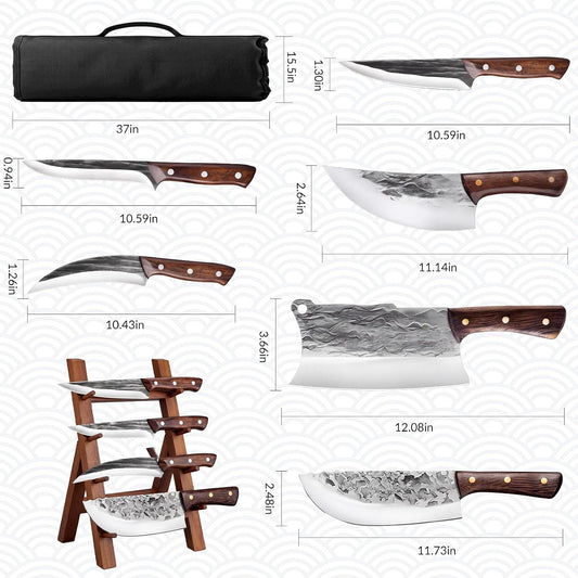 7 Pieces Butcher Knife Set with Roll Bag, Chef Knife Set for Meat Cleaver Cutting & Viking Knives with Ergonomic Handles, Stainless Steel Hand Forged Kitchen Knife Set for Home, Cooking, Camping